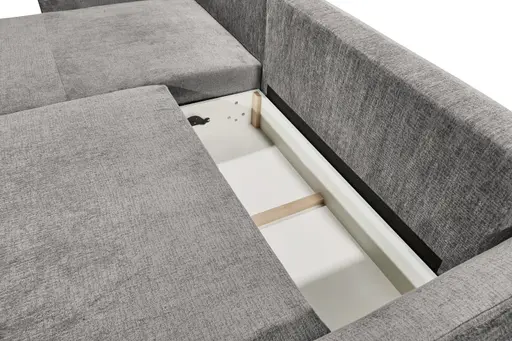 Ecksofa - Longchair links mit 2-Sitzer, Schlaffunktion mit Bettkasten, Stoff, Steingrau