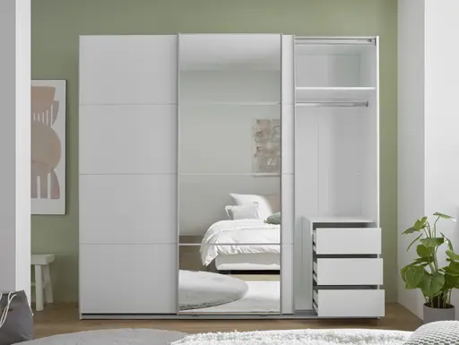 Schwebetürenschrank- B ca. 215 cm, Weiß, Spiegel