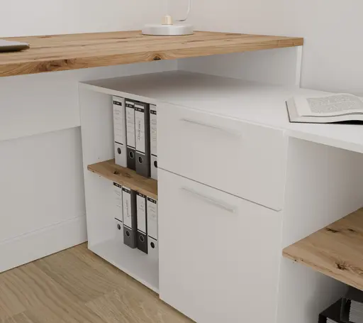 Schreibtisch- LB ca. 160x128 cm, Weiß, Eiche Dekor