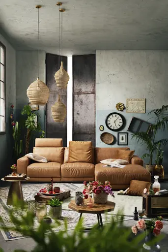 Ecksofa Balok - 2,5-Sitzer mit Longchair groß rechts, inkl. Relaxfunktion (motorisch) und Kopfstütze, Leder, Cognac