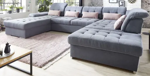 Wohnlandschaft - Longchair links, 3-Sitzer, Ecke rechts inkl. Kopfteilverstellung, Armteilverstellung in Flachgewebe blaugrau