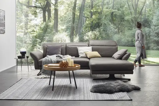 Ecksofa Rockport B - 2,5-Sitzer mit Longchair rechts inkl. Kopfteil/Sitztiefe/Armlehne verstellbar, Leder, Grau