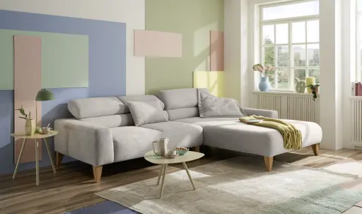 Ecksofa CHENOA - 2-Sitzer mit Longchair rechts, Kopfteil verstellbar, Stoff, Natur
