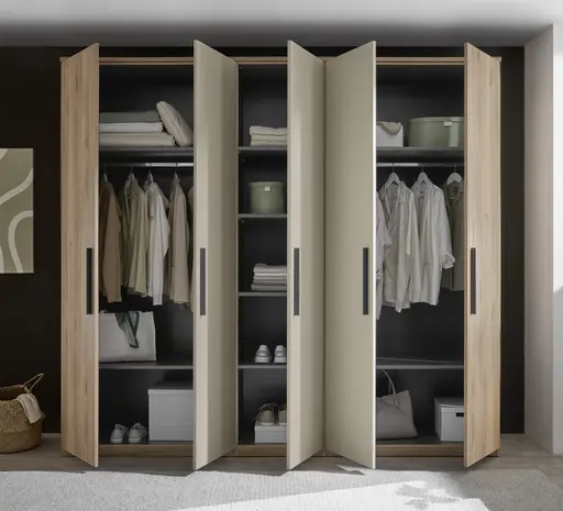 Drehtürenschrank - B. ca. 250,4 cm, Außentüren Holzdekor, Mitteltüren Beige