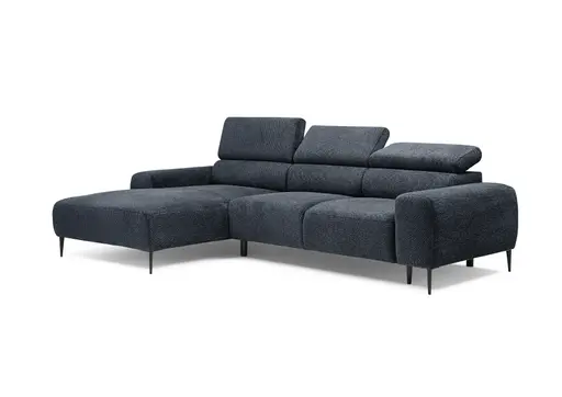 Ecksofa - Longchair links mit 2-Sitzer, Sitzvorzug motorisch, Kopfteil verstellbar, Stoff, Blau