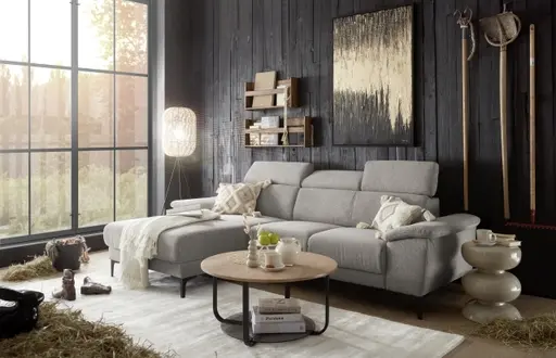 Ecksofa EZRA - Ecke links, 2-Sitzer inkl. Kopfteilverstellungen, Stoff, Taupe