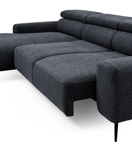 Ecksofa - Longchair links mit 2-Sitzer, Sitzvorzug motorisch, Kopfteil verstellbar, Stoff, Schwarzgrau
