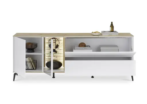 Lowboard - mit Beleuchtung, B ca. 207 cm, Weiß, Asteiche, Schwarz