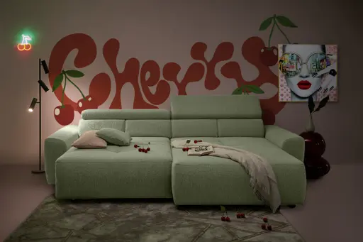 Ecksofa JYTTE - Sofa 2-sitzig mit Longchair rechts, Stoff, Lindgrün