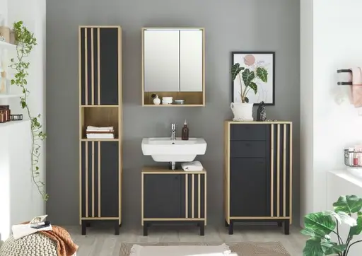 Hochschrank- B ca. 38 cm, Eiche Dekor, Schwarz