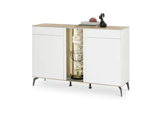 Sideboard - mit Beleuchtung, B ca. 159 cm, Weiß, Asteiche, Schwarz