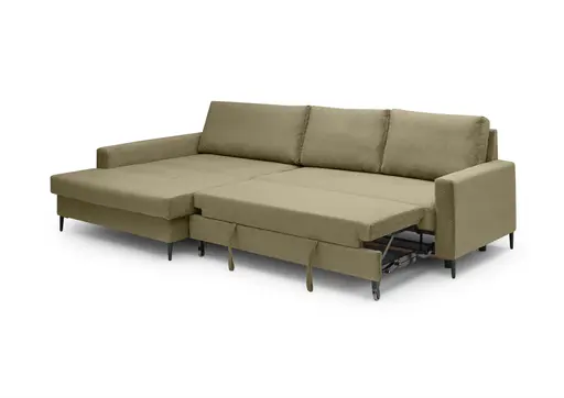 Ecksofa - Longchair links mit 3-Sitzer, Schlaffunktion mit Bettkasten, Stoff, Olive