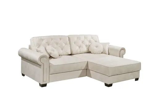 Ecksofa  - Sofa 2-Sitzer mit Longchair rechts, Schlaffunktion mit Bettkasten, Stoff, Creme