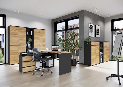 Winkelschreibtisch GRIFFIN - LB ca. 146x145 cm, Eiche Nachbildung, Graphit