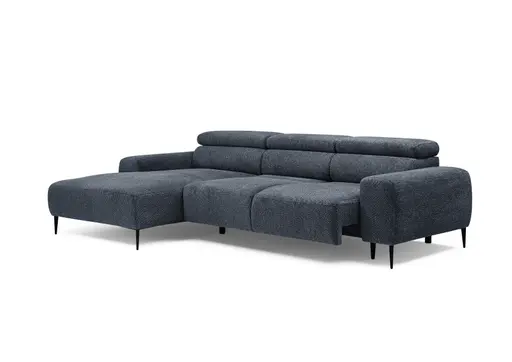 Ecksofa - Longchair links mit 2-Sitzer, Sitzvorzug motorisch, Kopfteil verstellbar, Stoff, Blau