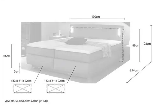Boxspringbett- Liegefläche ca. 180x200 cm, Stoff, Grau