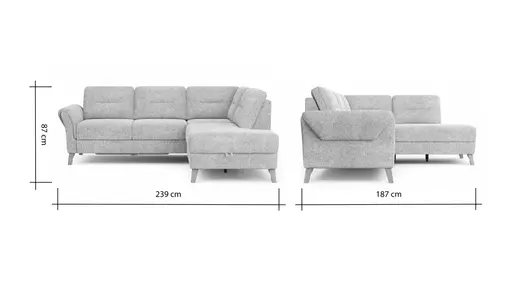 Ecksofa Almyra - 2,5-Sitzer mit Ottomane rechts, inkl. Schlaffunktion und Bettkasten, Stoff, Silbergrau