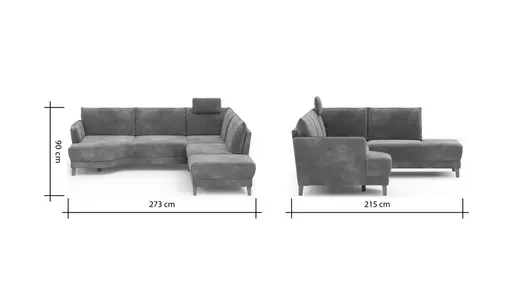 Sofa Stamford - inkl. Armlehne verstellbar und Kopfstütze, 3,5-Sitzer, Bogen links mit Ecksofa 2-sitzig und Abschlusshocker Rechts, Stoff, Anthrazit