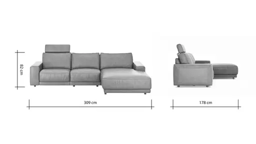 Ecksofa Balok - 2,5-Sitzer mit Longchair groß rechts, inkl. Relaxfunktion (motorisch) und Kopfstütze, Leder, Dunkelbraun
