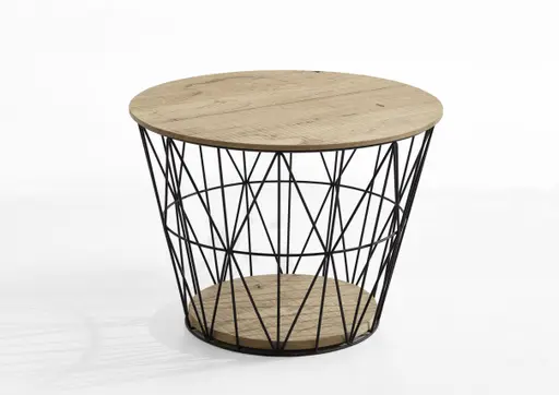 Couchtisch - LBH ca. 62x62x46 cm, Platte Eiche massiv, Metallkorb