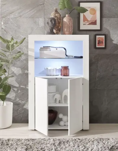 Highboard- Weiß, Weiß, Hochglanz, 