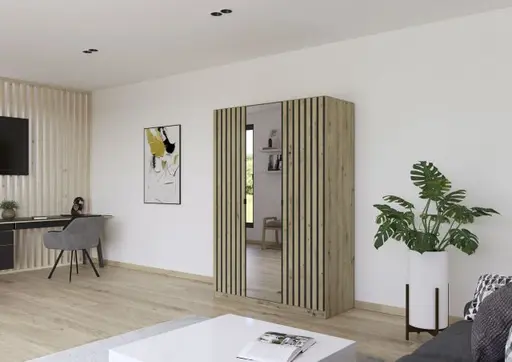 Drehtürenschrank RUERTO- B ca. 136 cm, Eiche Dekor, Dunkelgrau, Paneel, Eiche Dekor, Spiegel