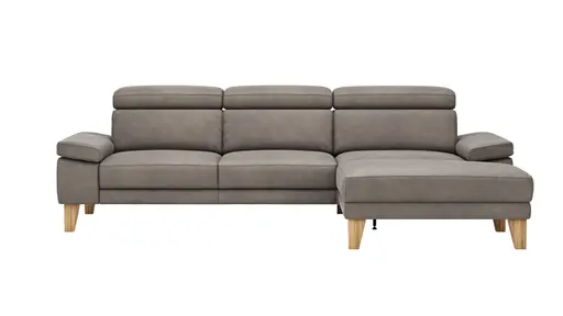 Ecksofa Hudson - 2,5-Sitzer mit Longchair rechts inkl. Kopfteil verstellbar, Stoff, Steingrau