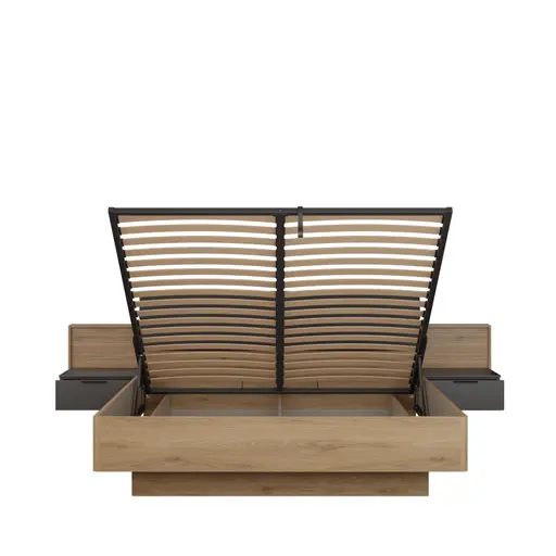 Bettgestell FALLEA- Liegefläche ca. 180x200 cm, inkl. 2 Nakos, Wildeiche Natur, Dunkelgrau
