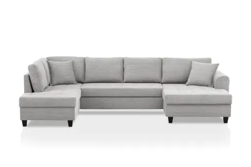 Wohnlandschaft - Longchair links, 2-Sitzer, Ecke rechts inkl. Schlaffunktion mit Bettkasten, Stoff, Hellgrau