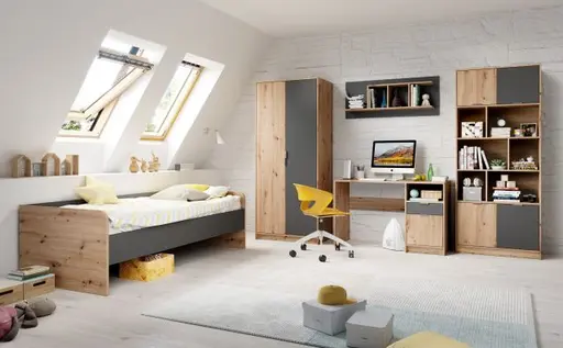 Bettgestell- Liegefläche ca. 90x200 cm, Eiche Dekor, Dunkelgrau