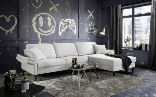Ecksofa CALM PREMIUM 2.0 - 3-Sitzer mit Longchair rechts, Relaxfunktion motorisch, Armlehne verstellbar, Stoff, Hellgrau