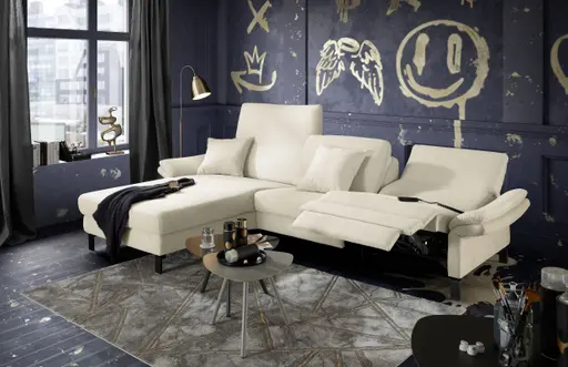 Ecksofa CALM PREMIUM 2.0 - Longchair links mit 3-Sitzer, Relaxfunktion motorisch, Armlehne verstellbar, Stoff, Natur