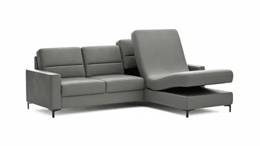 Ecksofa Merlos H - 2,5-Sitzer mit Longchair rechts inkl. Relaxfunktion (motorisch), Leder, Graubraun