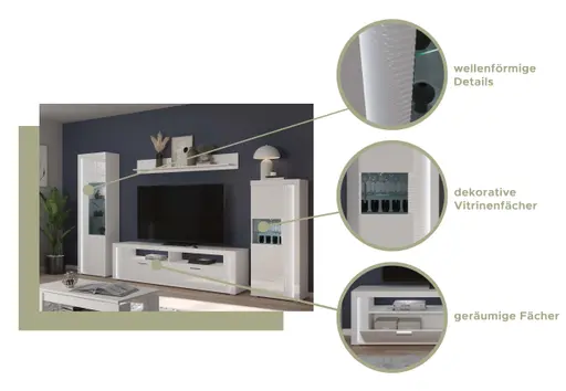 Wohnwand - mit Beleuchtung, Weiß, Weiß Hochglanz