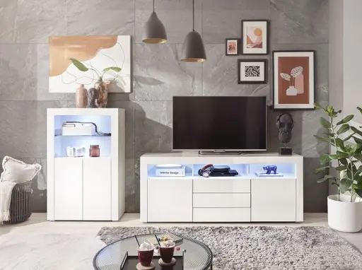 Highboard- Weiß, Weiß, Hochglanz, 