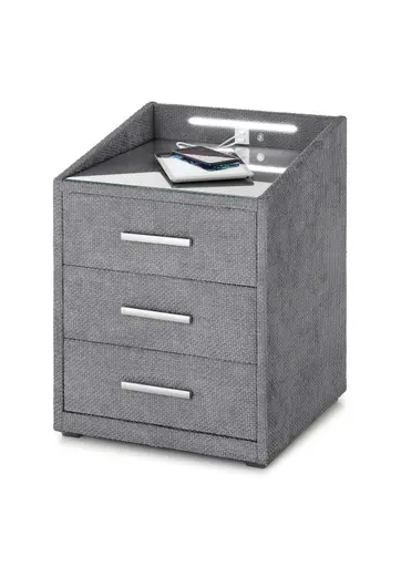 Nachttisch- Grau, mit Glasplatte, inkl. Beleuchtung