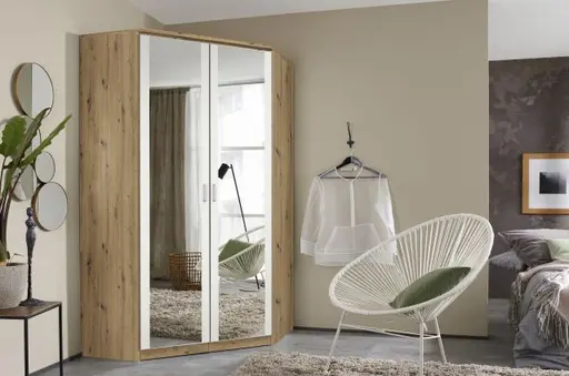 Eckschrank ROYAN- B ca. 117 cm, Eiche Dekor, Weiß, Spiegel