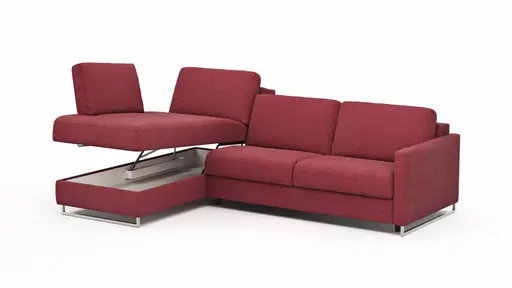 Ecksofa Nuoro - Longchair links mit 2-Sitzer inkl. Schlaffunktion und Bettkasten, Stoff, Rubin