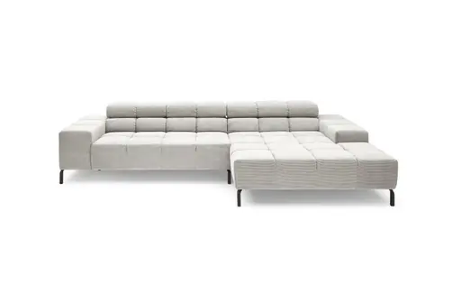 Ecksofa CLIVIA - 2-Sitzer mit Longchair rechts, Kopfteil verstellbar, Feincord, Silbergrau