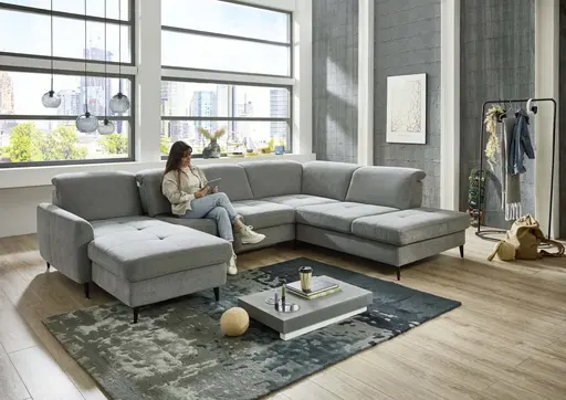 Wohnlandschaft - Longchair links mit 2,5-Sitzer und Ecke rechts, Sitztiefe verstellbar, Stoff, Grau