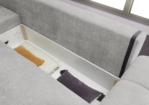 Ecksofa - Longchair links mit 2-Sitzer, Schlaffunktion mit Bettkasten, Stoff, Silbergrau