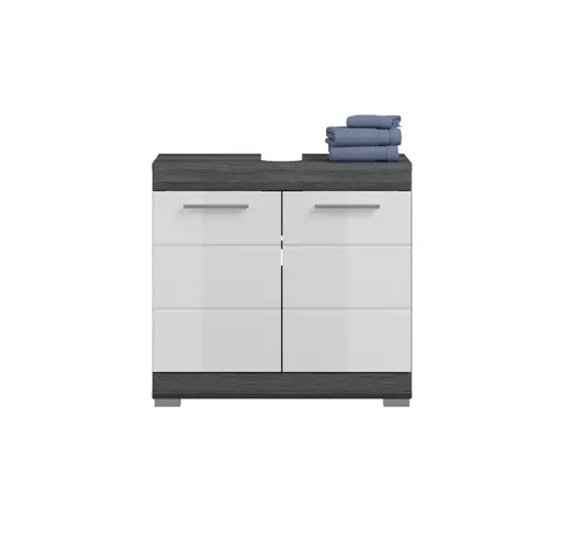 Waschbeckenunterschrank - B ca. 60 cm, Rauchsilber, Weiß Hochglanz