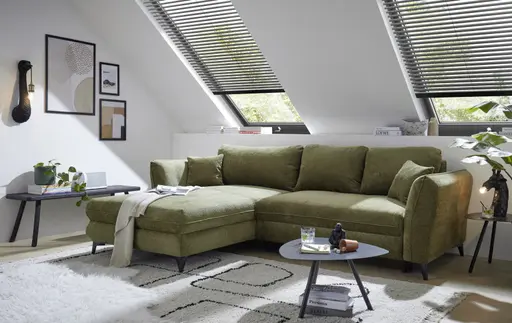 Ecksofa - Longchair links mit 2-Sitzer, Schlaffunktion mit Bettkasten, Stoff, Moosgrün