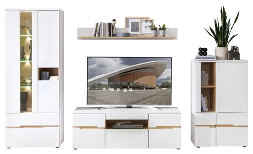 Wohnwand - mit Beleuchtung, Weiß, Artisan Eiche Nachbildung