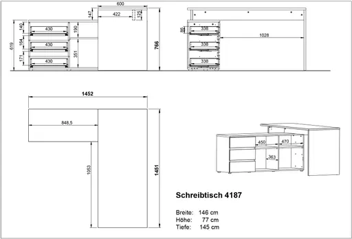 Winkelschreibtisch GRIFFIN - LB ca. 146x145 cm, Eiche Nachbildung, Graphit