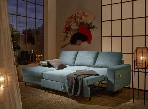 Ecksofa - Longchair links mit 2-Sitzer, Stoff, Azur
