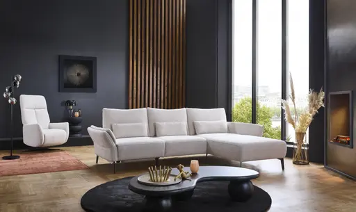 Ecksofa - 2,5-Sitzer mit Longchair rechts, Sitztiefe verstellbar, Stoff, Beige