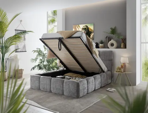 Bettgestell SANDRIN R- Liegefläche ca. 140x200 cm, Stoff, Hellgrau, inkl Latterost und Stauraum