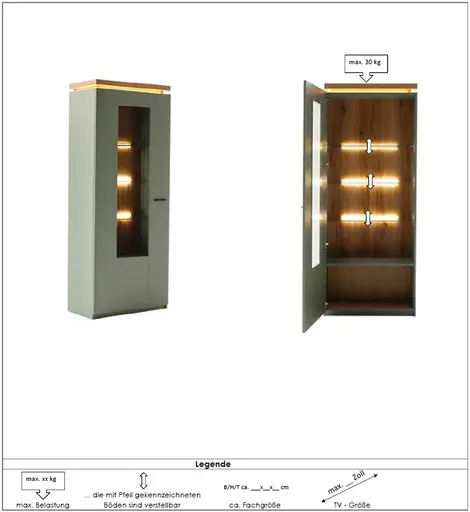 Wohnwand - mit Beleuchtung und Fernbedienung, Salbeigrün, Eiche Evoke Nachbildung