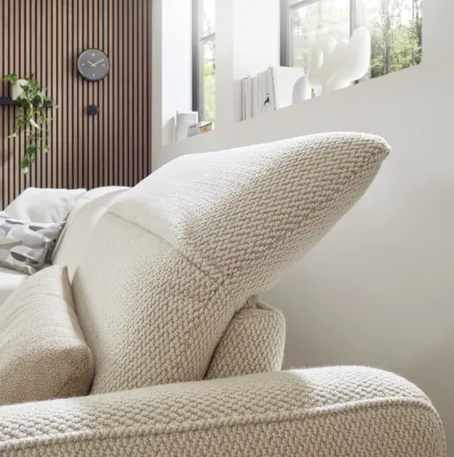 Ecksofa EM Miramar - Longchair links mit 3-Sitzer, Kopfteil/Sitztiefe verstellbar, Stoff, beige